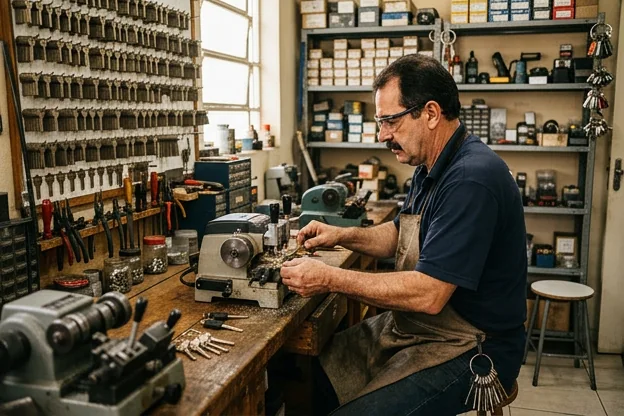Chaveiro confeccionando cópias de chaves em seu local de trabalho em Bagé.
