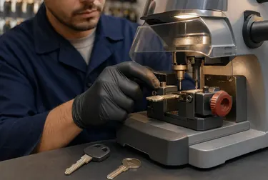 Chaveiro realizando cópias de chaves em Bagé, mostrando máquinas em uso.