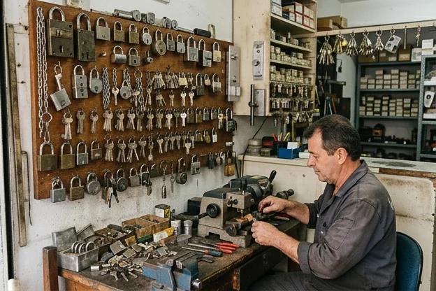 Diversas opções de fechaduras expostas em um chaveiro em Bagé.