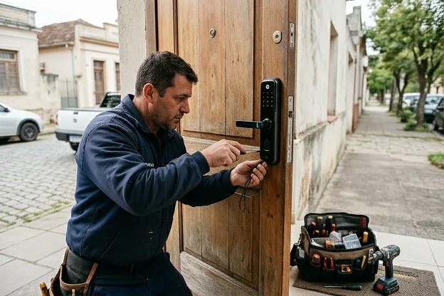 Fechadura digital instalada em uma porta em Bagé, mostrando seus recursos.